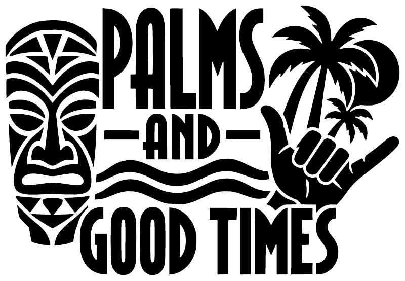 Black tiki vinyl decal design with palms, waves, mask, and 'PALMS AND GOOD TIMES' text