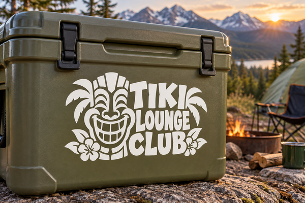 Tiki lounge club vinyl decal, white tiki face and text on cooler
