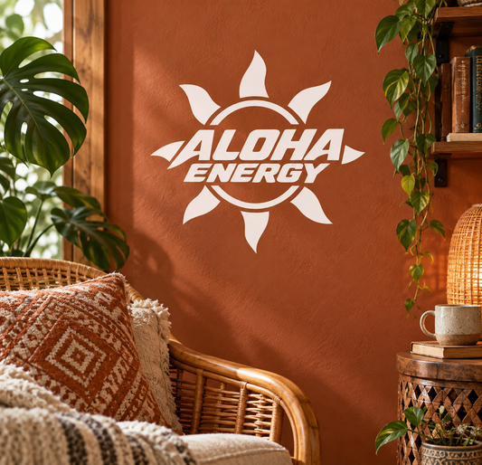 White vinyl decal with sunburst and "ALOHA ENERGY" lettering