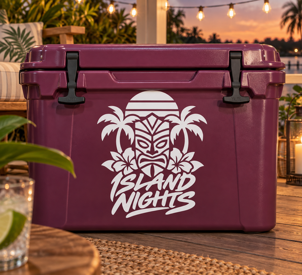 Vinyl decal with tiki mask, palm trees, and “Island Nights” text