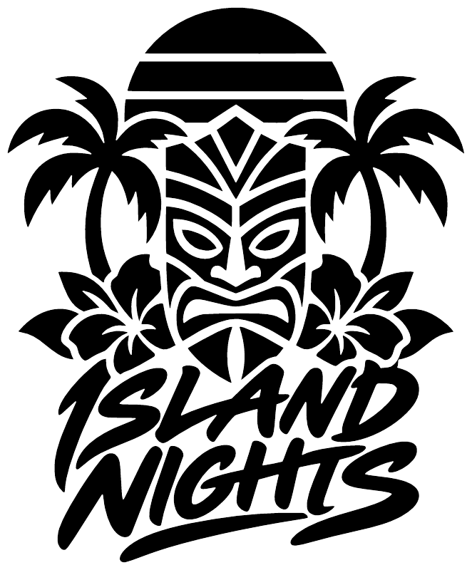 Tiki-themed vinyl decal showing mask, palm trees, and “Island Nights” lettering
