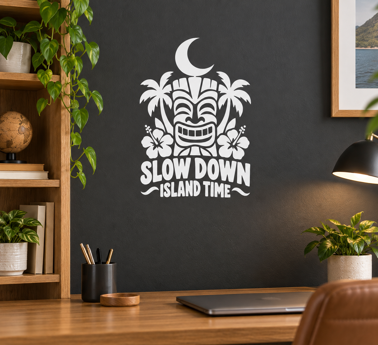 Vinyl decal: tiki face with moon and palms, 'Slow Down Island Time' lettering