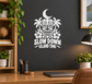 Vinyl decal: tiki face with moon and palms, 'Slow Down Island Time' lettering