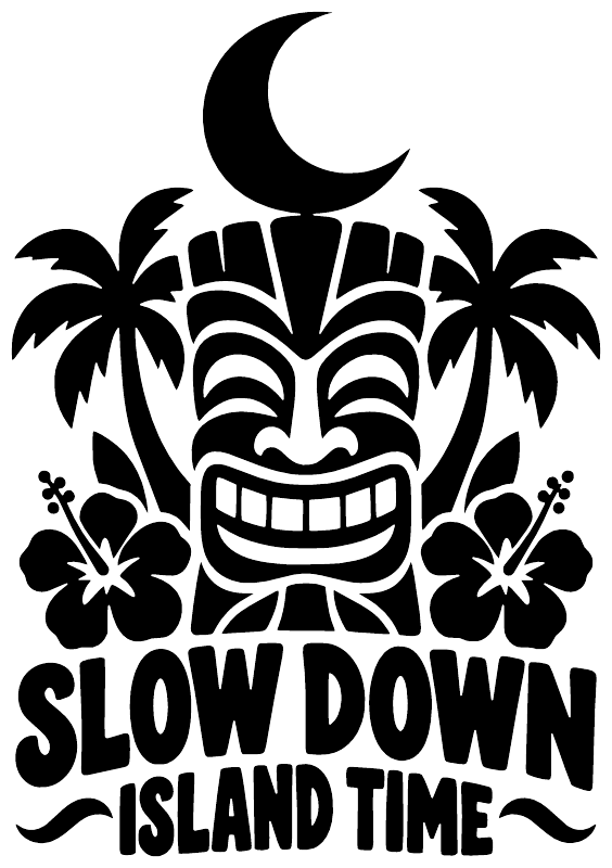 Vinyl decal graphic: tiki face with moon and palms, bold island-time lettering