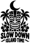 Vinyl decal graphic: tiki face with moon and palms, bold island-time lettering