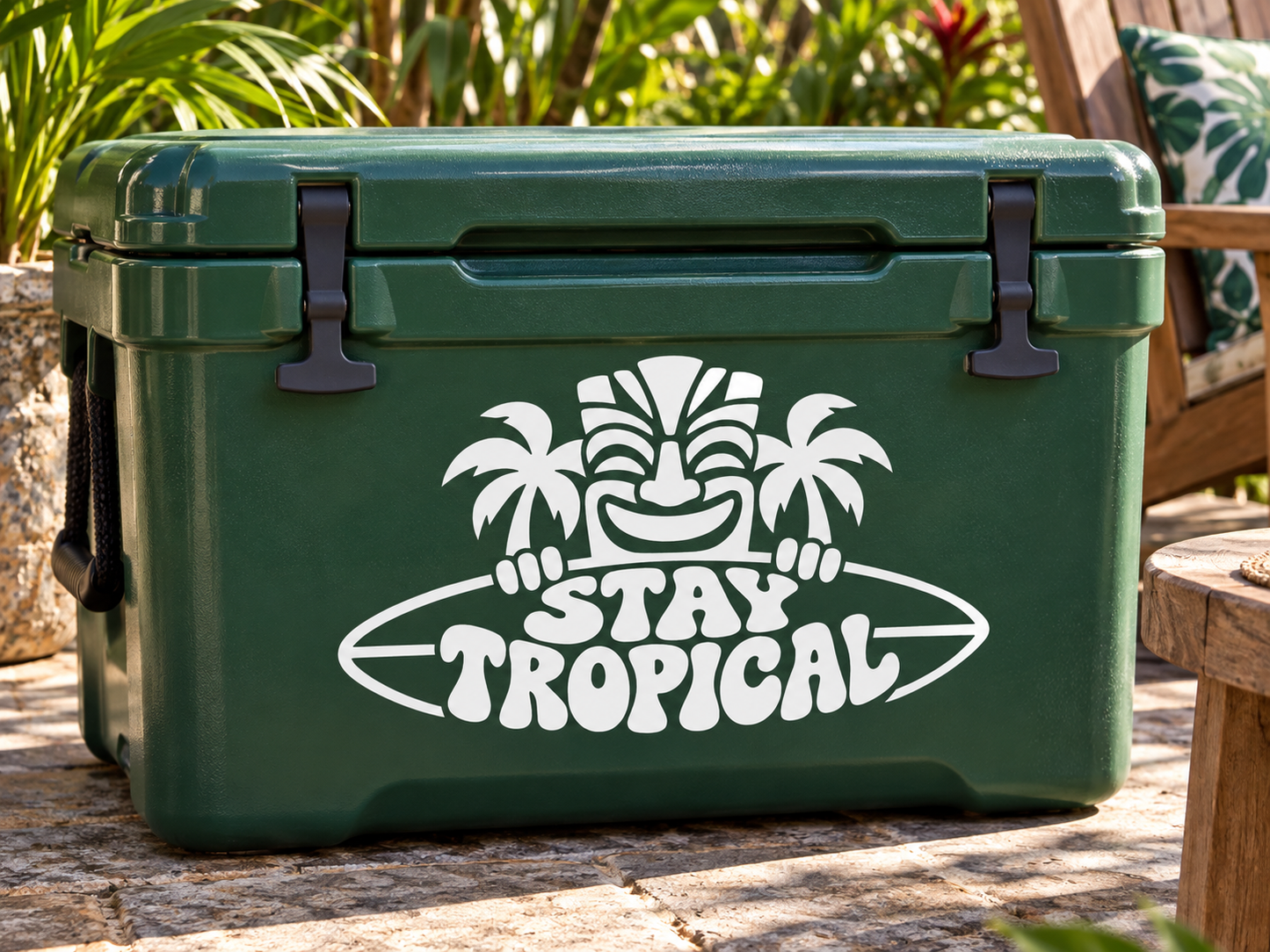 Tropical vinyl decal: white tiki and “Stay Tropical” text