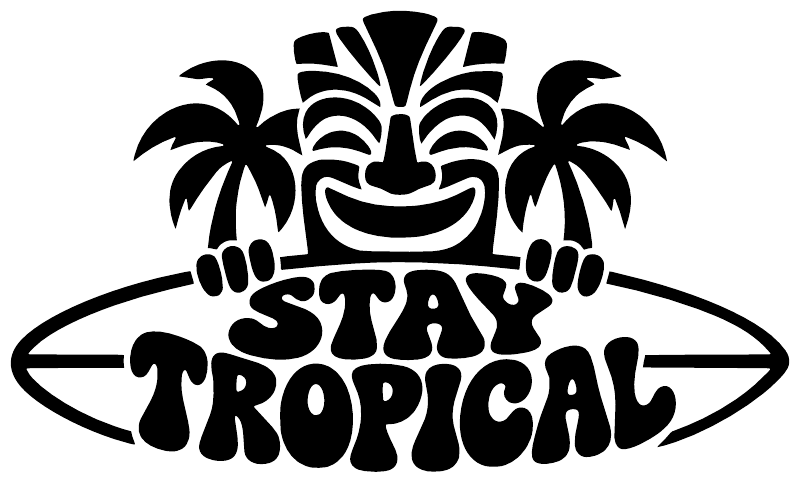 Tropical vinyl decal graphic: black tiki and “Stay Tropical” text