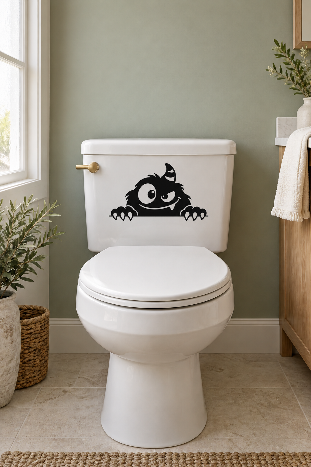 Toilet tank vinyl decal with black cartoon monster face and paws