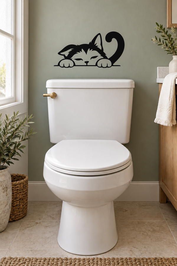 Black sleeping cat vinyl decal with curved question mark above a toilet