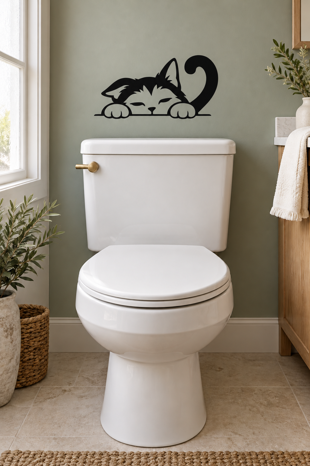 Black sleeping cat vinyl decal with curved question mark above a toilet