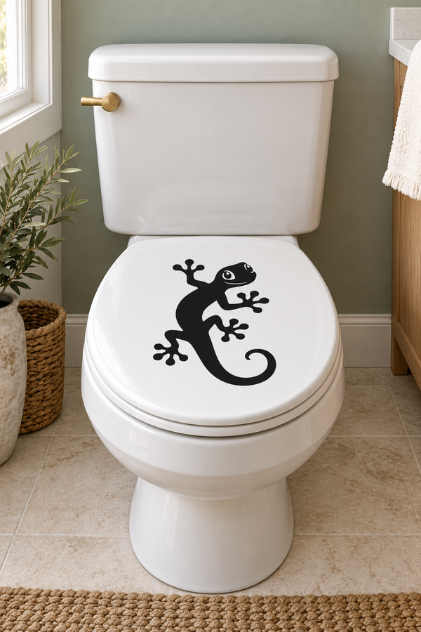 Gecko vinyl toilet decal, black gecko design on white toilet lid
