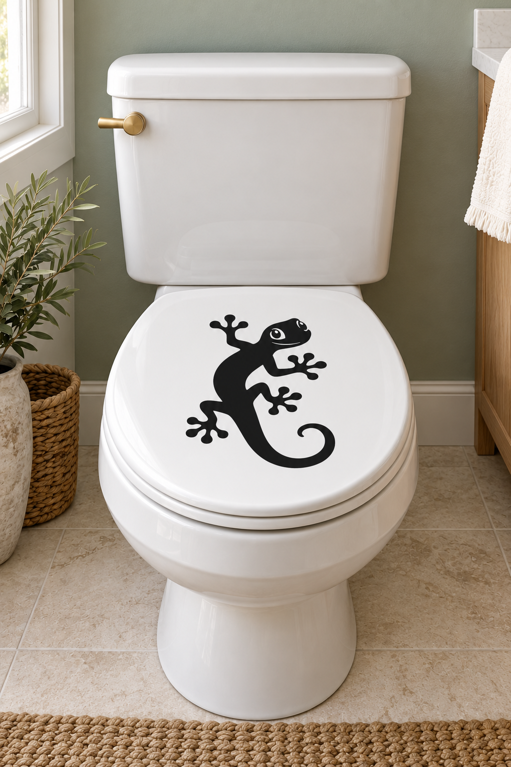 Gecko vinyl toilet decal, black gecko design on white toilet lid