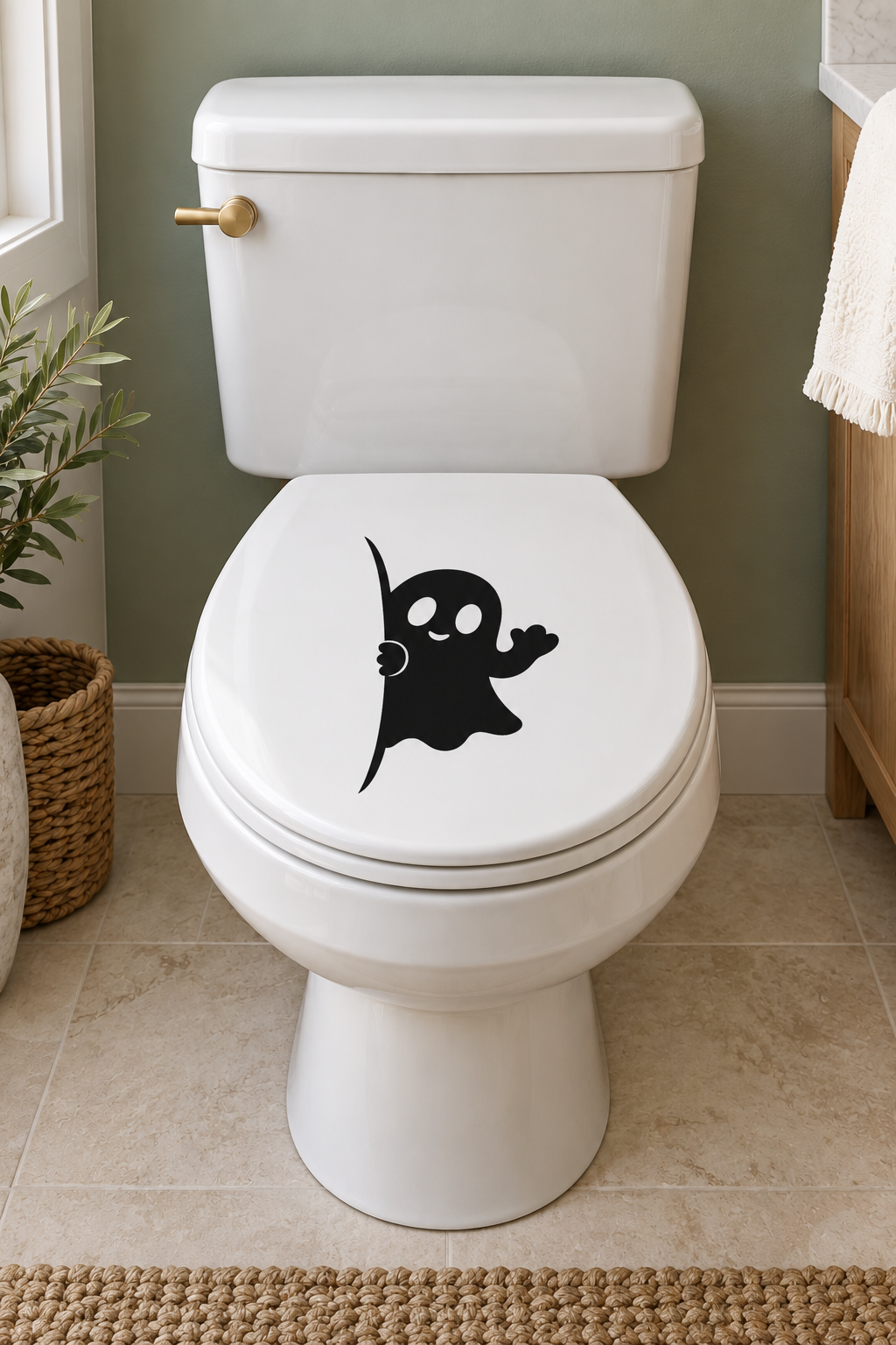 Toilet vinyl ghost decal featuring a black smiling ghost on the lid