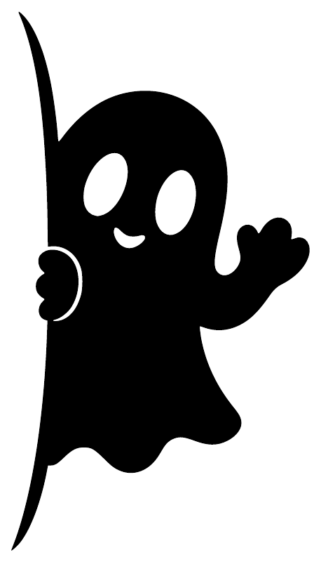 Vinyl ghost decal close-up: black smiling ghost with arms and white eyes