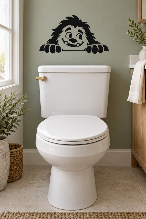 Cartoon yeti face vinyl wall decal with arms resting on a horizontal bar above toilet