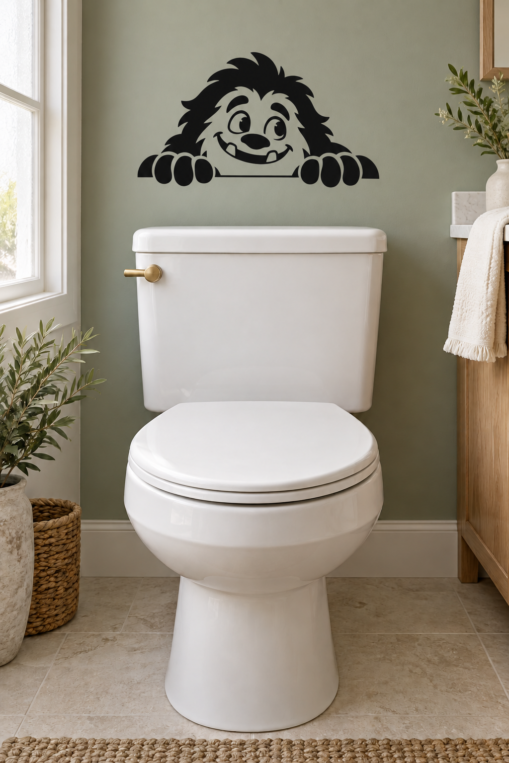 Cartoon yeti face vinyl wall decal with arms resting on a horizontal bar above toilet