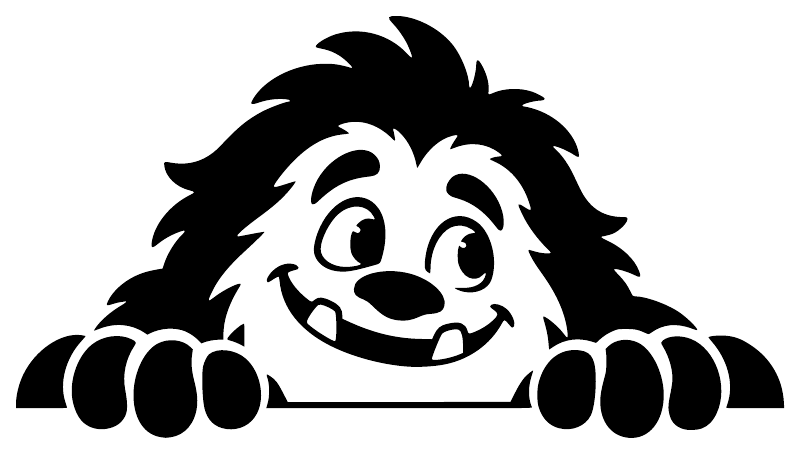 Cartoon yeti character vinyl decal, black and white with paws on a curved bar