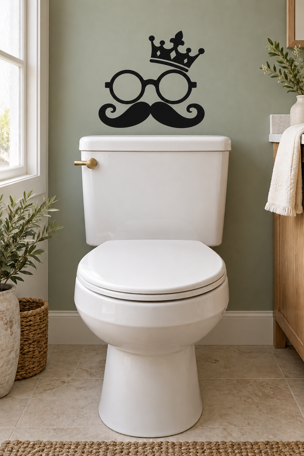 Toilet wall vinyl decal: black crown, round glasses, and curled mustache