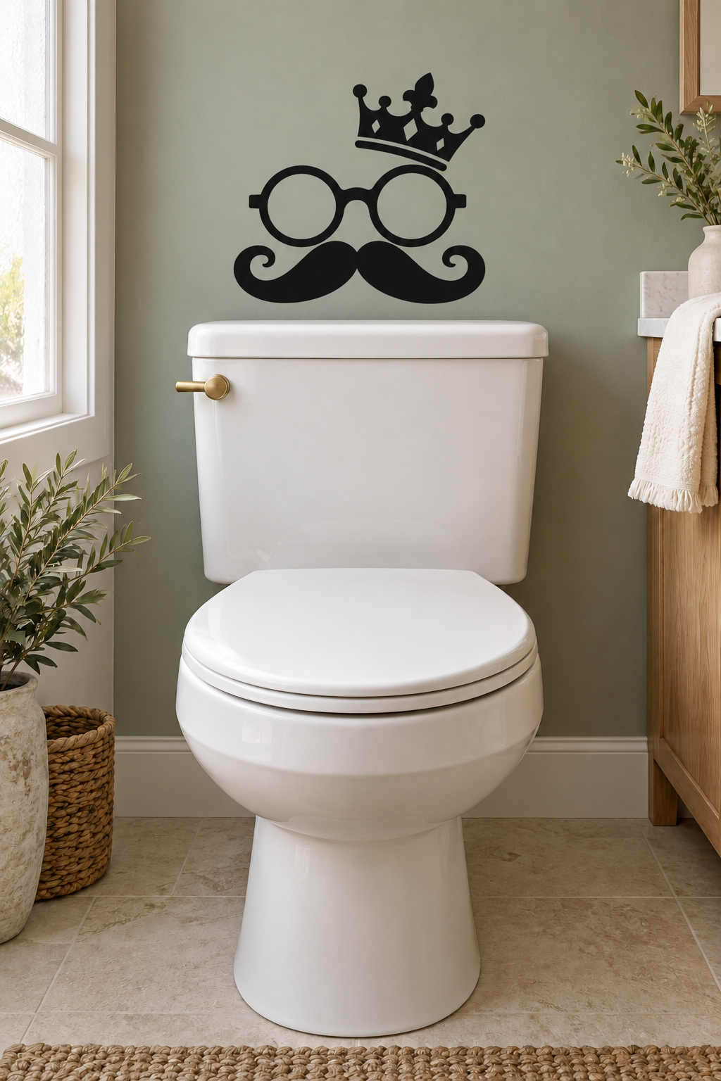 Toilet wall vinyl decal: black crown, round glasses, and curled mustache