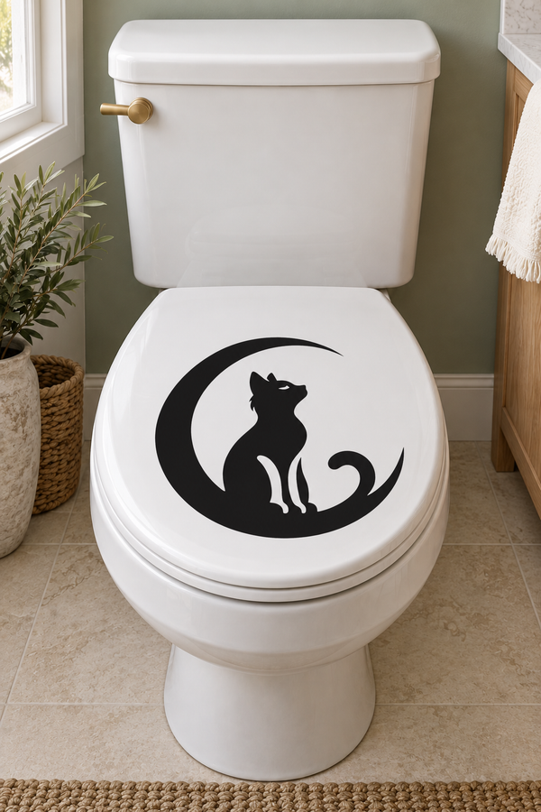 Toilet lid vinyl decal with black moon and cat silhouette