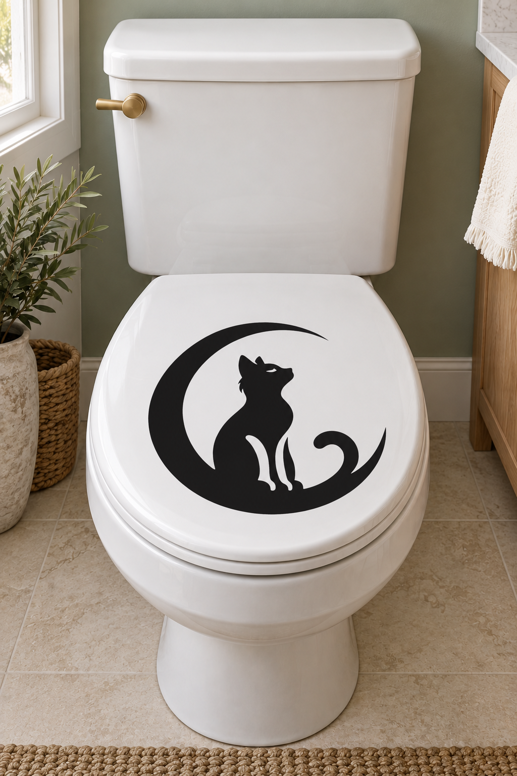 Toilet lid vinyl decal with black moon and cat silhouette