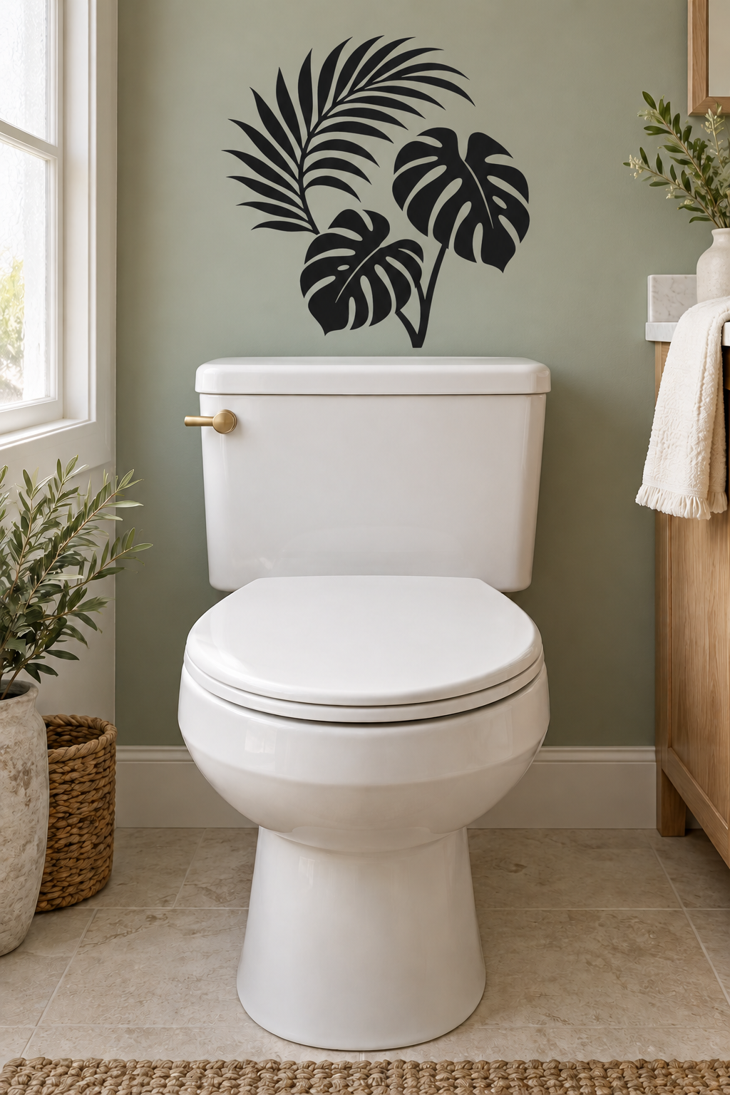 Black palm leaf toilet vinyl decal on white toilet