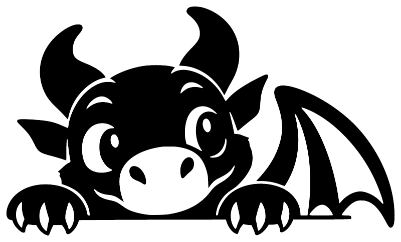 Black cartoon dragon vinyl decal with horns and wings, centered close-up