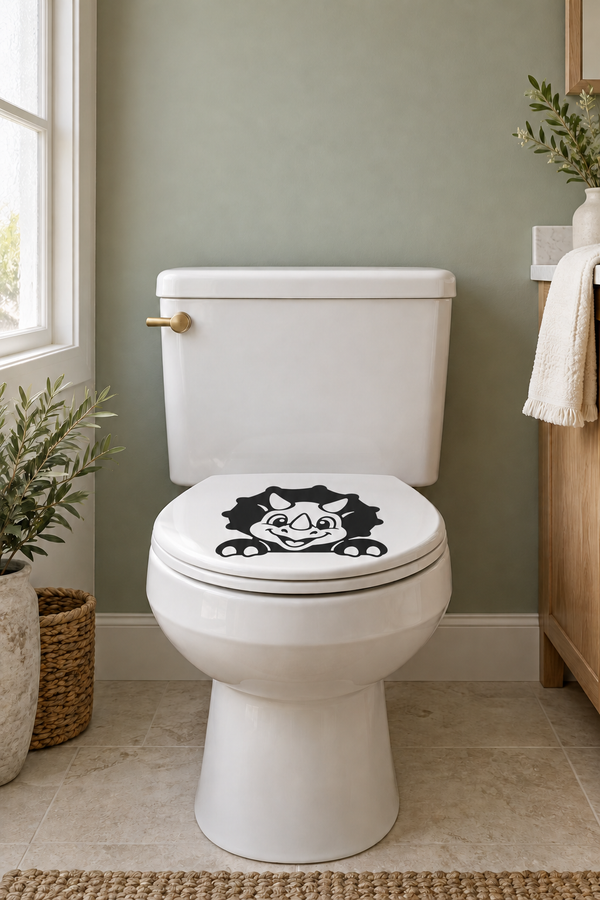 Triceratops peek vinyl decal on toilet lid, black and white cartoon dinosaur
