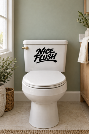 Toilet vinyl decal: bold black 'Nice Flush' text on white