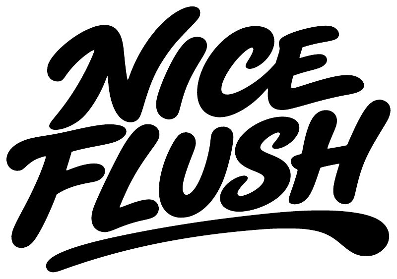 Vinyl decal close-up with bold black 'Nice Flush' lettering