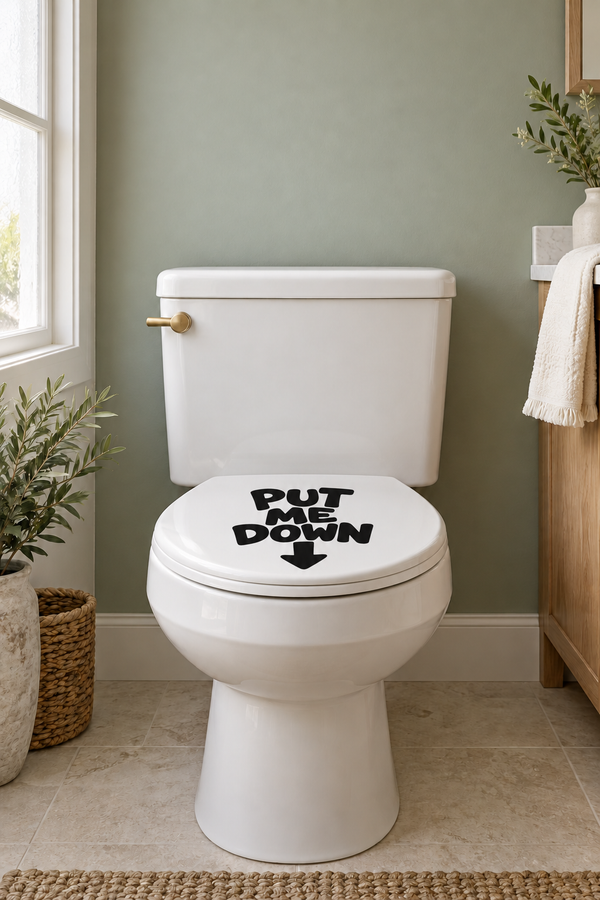 Vinyl toilet decal with bold black 'PUT ME DOWN' text and downward arrow