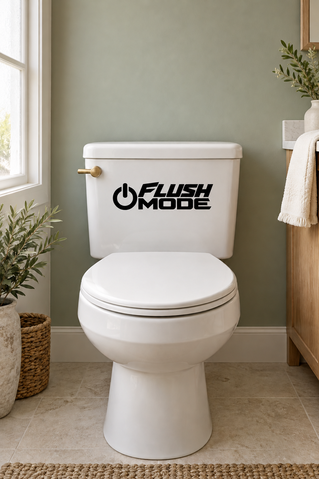 Toilet vinyl decal with black Flush Mode power logo on white lid