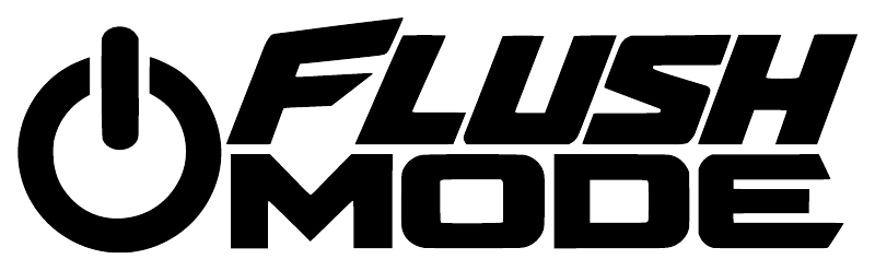Close-up of black Flush Mode power vinyl decal lettering and icon