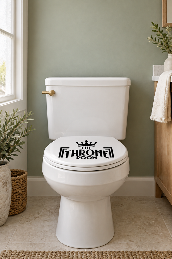Toilet vinyl decal: black crown and “The Throne Room” logo on lid