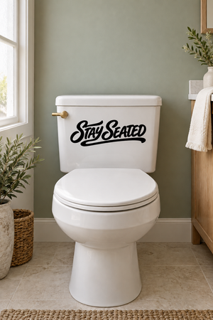 Vinyl toilet decal with bold black “Stay Seated” lettering on white toilet tank