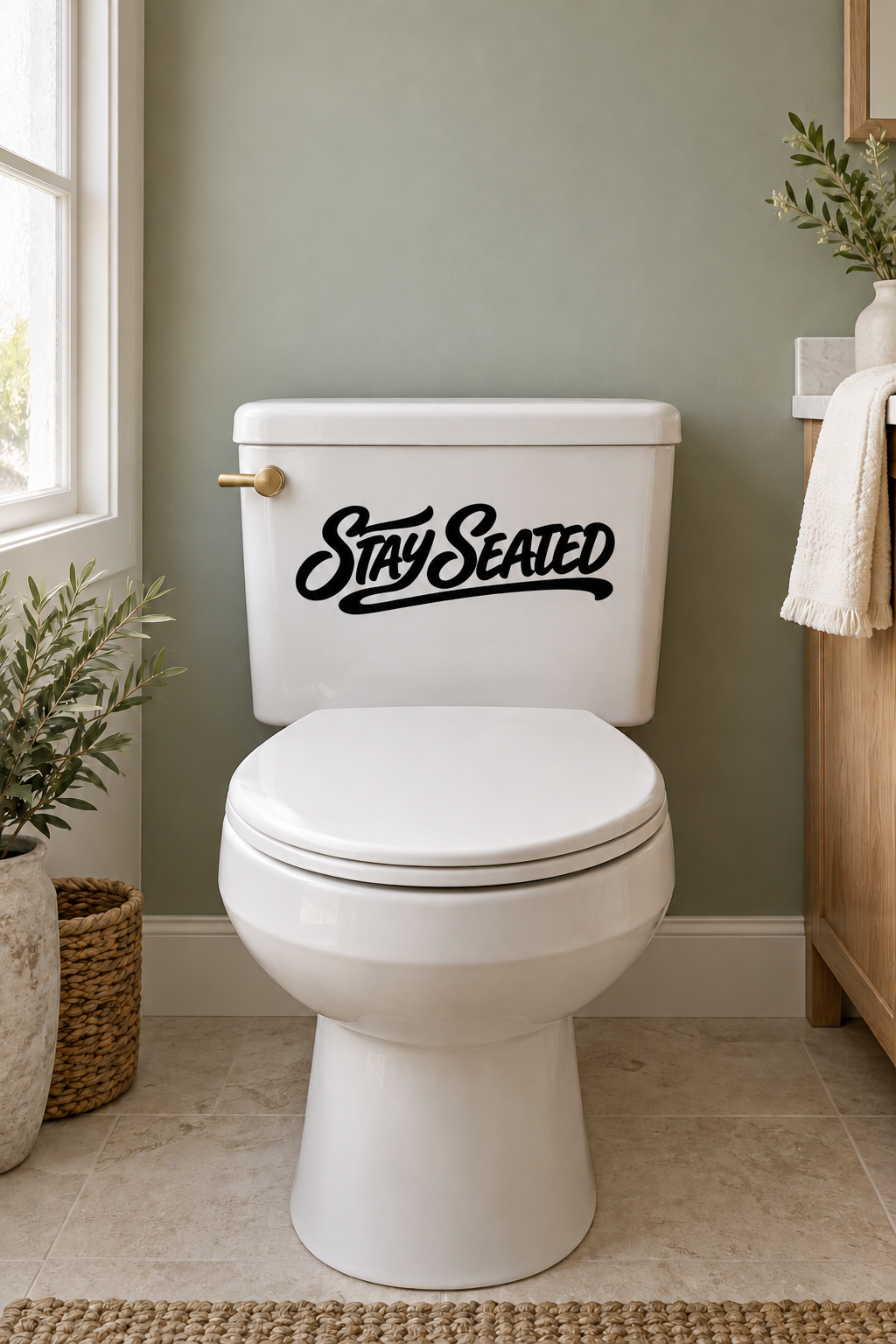 Vinyl toilet decal with bold black “Stay Seated” lettering on white toilet tank