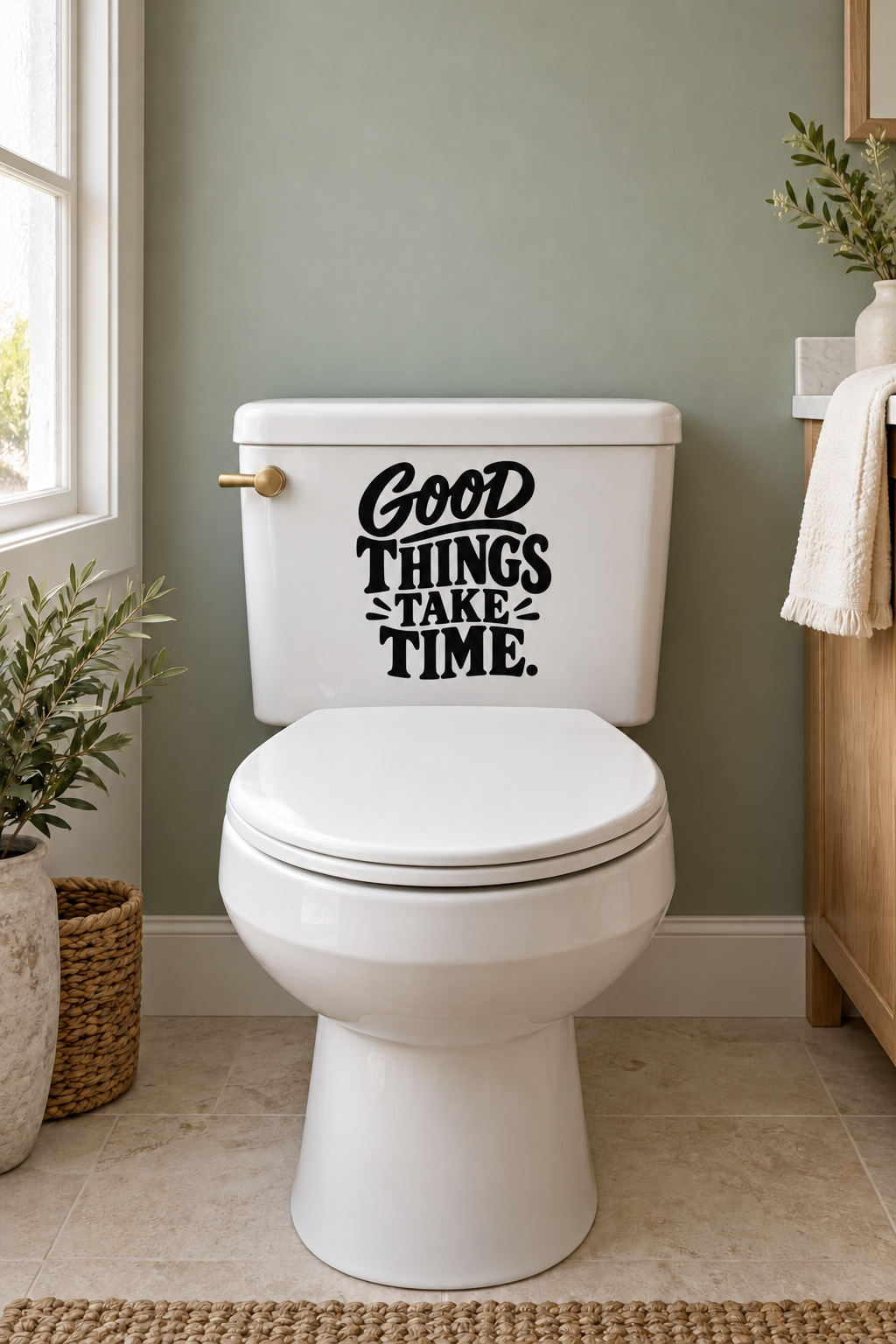 Toilet with black "Good Things Take Time" vinyl decal on tank lid
