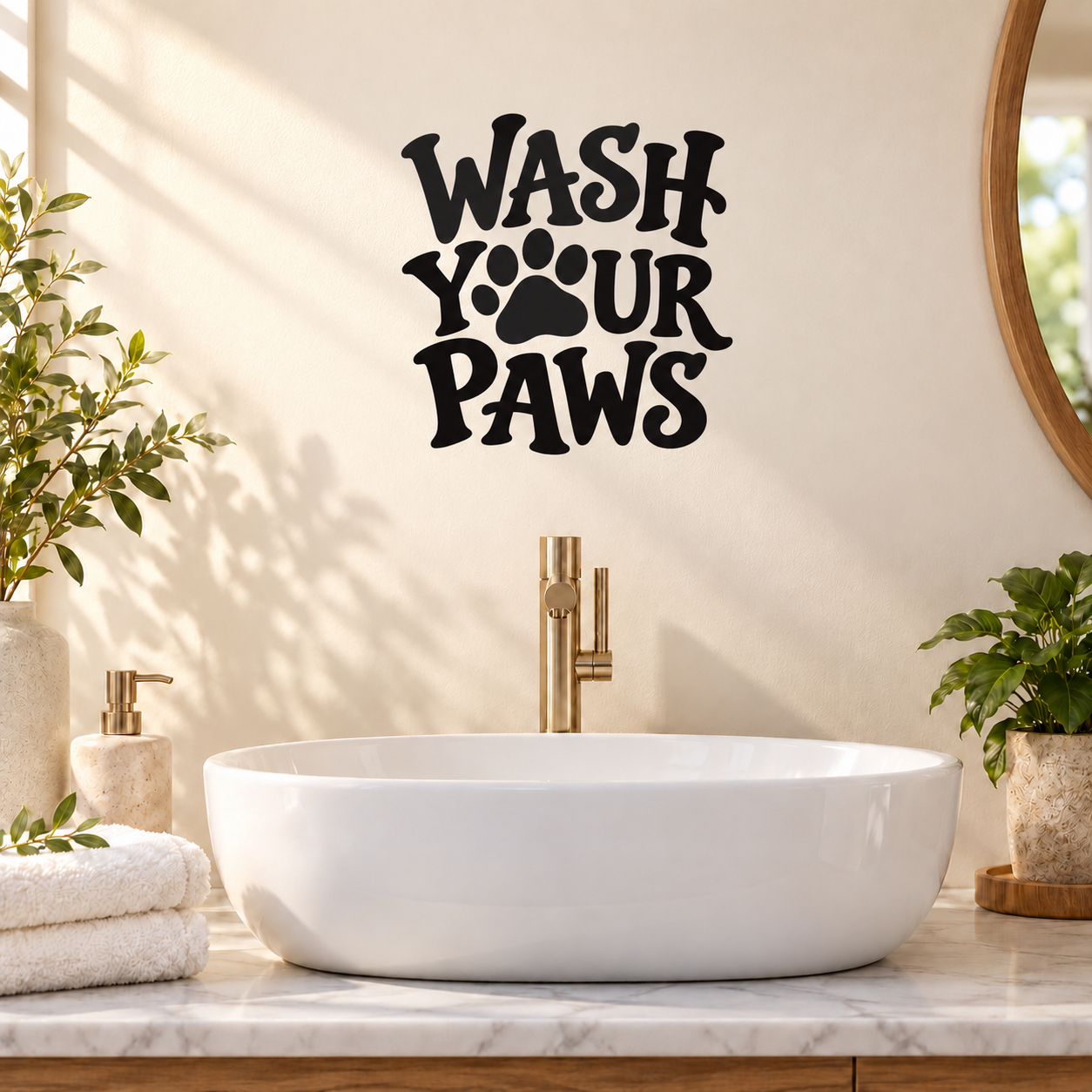 Black vinyl wall decal reading “Wash Your Paws” with paw print