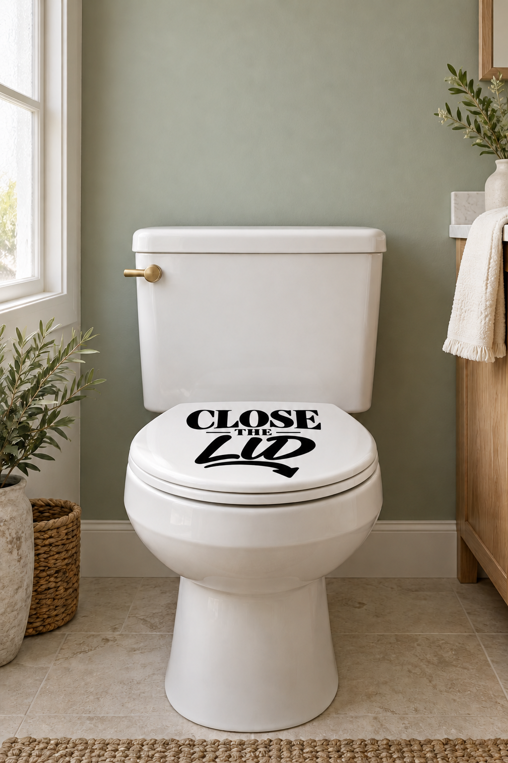 Toilet lid vinyl decal reading “CLOSE the Lid” with a downward arrow