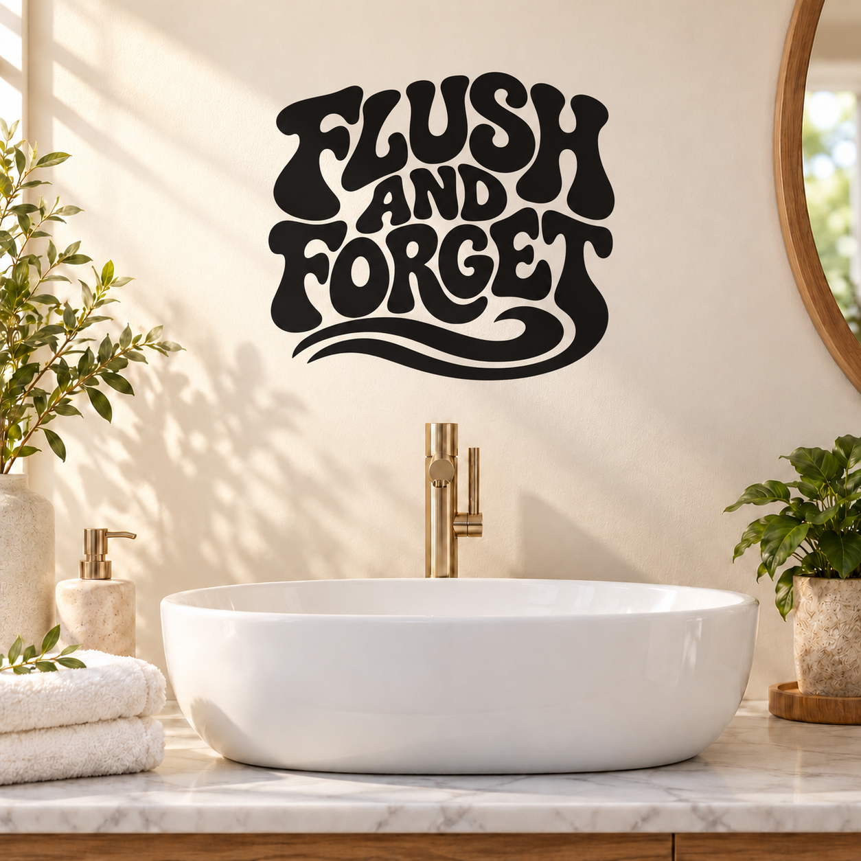 Black vinyl toilet decal with stylized 'Flush and Forget' lettering