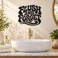 Black vinyl toilet decal with stylized 'Flush and Forget' lettering