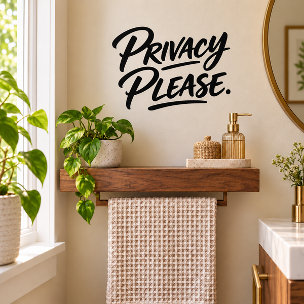 Privacy Please vinyl decal with black script text on a light surface