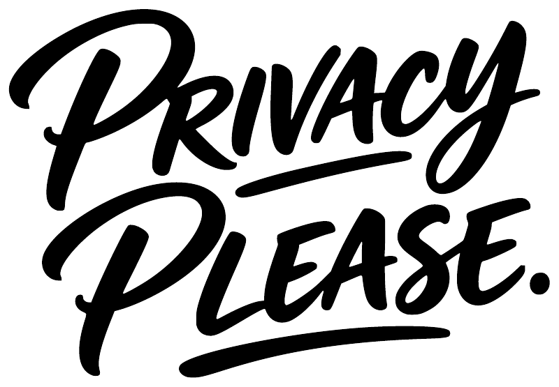 Privacy Please vinyl decal close-up with bold black cursive lettering