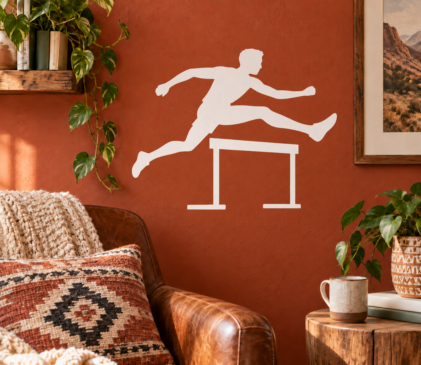 White hurdle track vinyl decal with runner jumping over hurdles