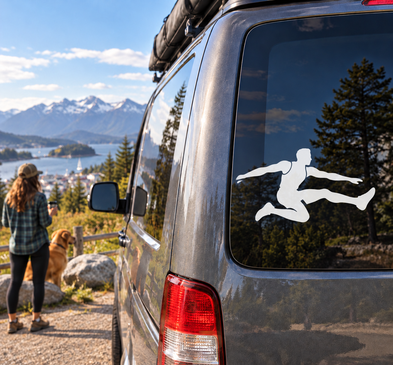 Long jump vinyl decal of white athlete silhouette on car rear window