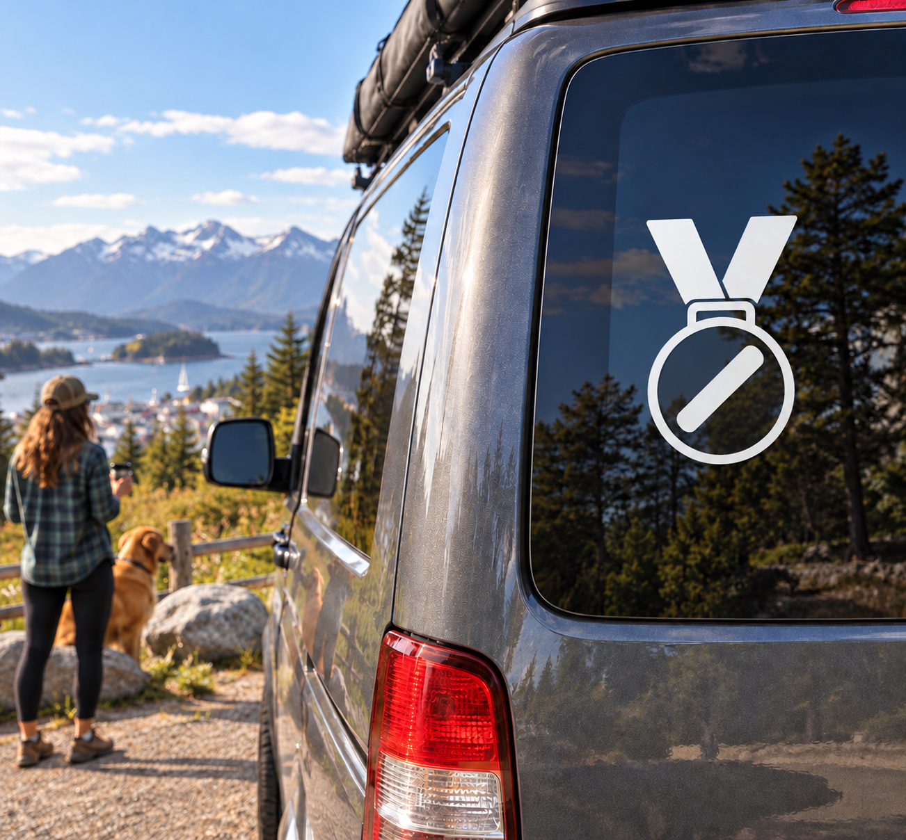 Vinyl medal decal with ribbon and diagonal checkmark icon for car windows