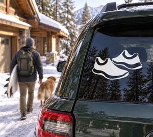 Track shoe pair vinyl decal with black and white shoe icons on a car window