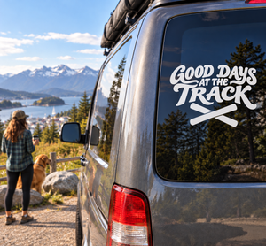 Track vinyl decal: 'Good Days at the Track' on a car window