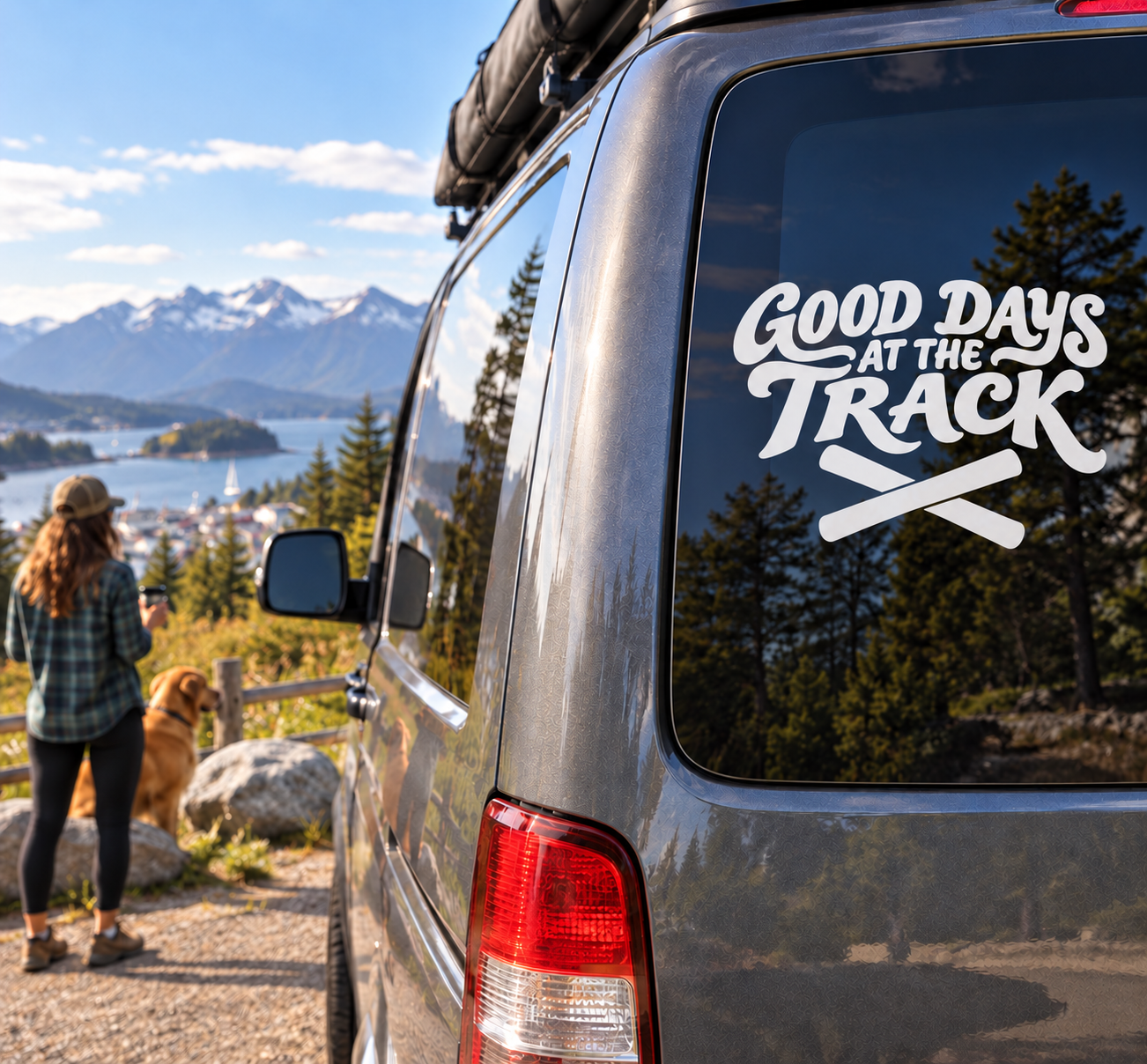 Track vinyl decal: 'Good Days at the Track' on a car window