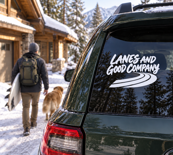 Car vinyl decal: 'LANES AND GOOD COMPANY' with track lane swoosh